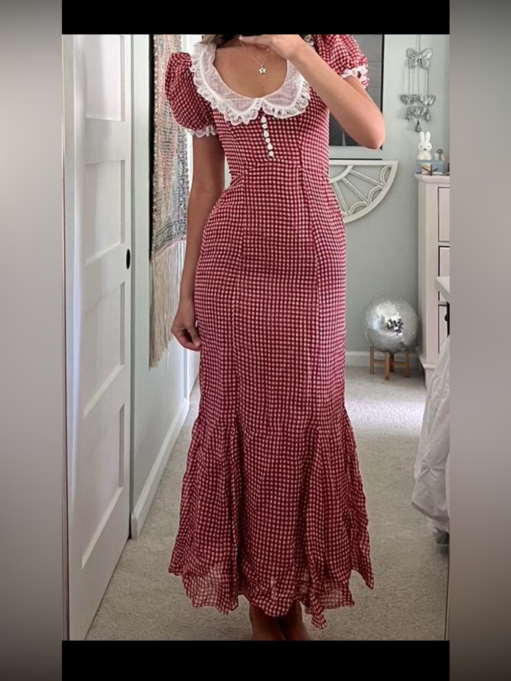 For Love & Lemons Bradford Red Gingham Puff-Sleeve Maxi Dress with Lace Trim